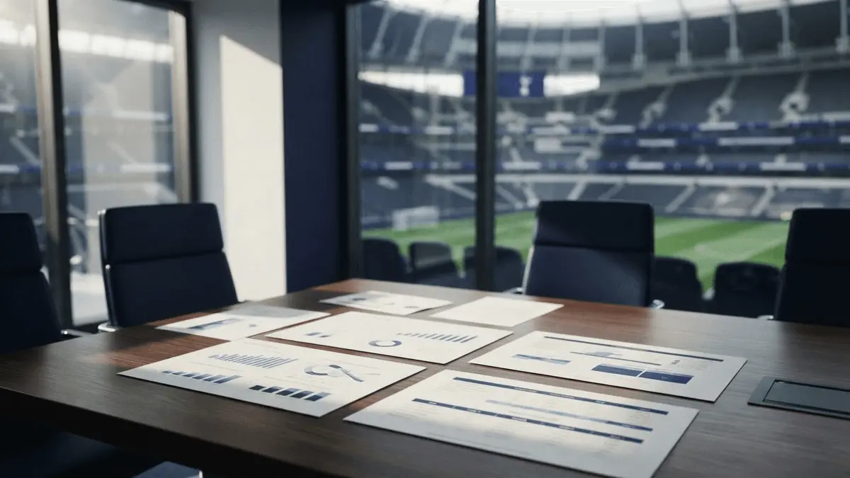 Executive boardroom with financial documents and modern stadium view representing football club spending
