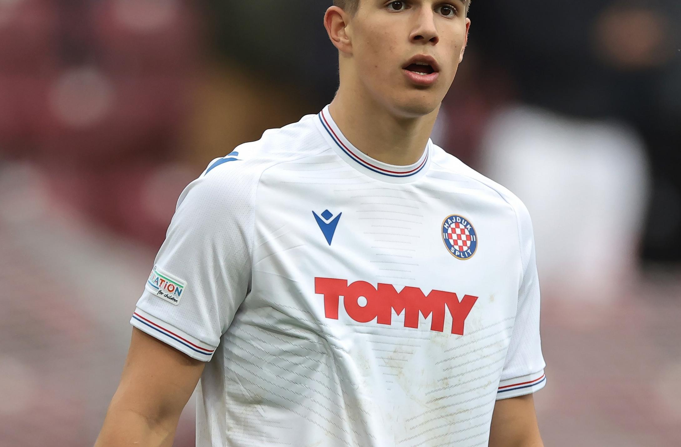 Luka Vuskovic wearing a Hajduk Split jersey during a match.