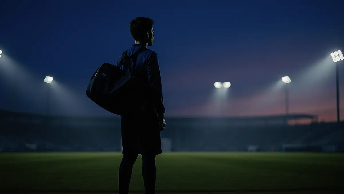 Young footballer with kit bag looking at distant stadium under moody twilight sky