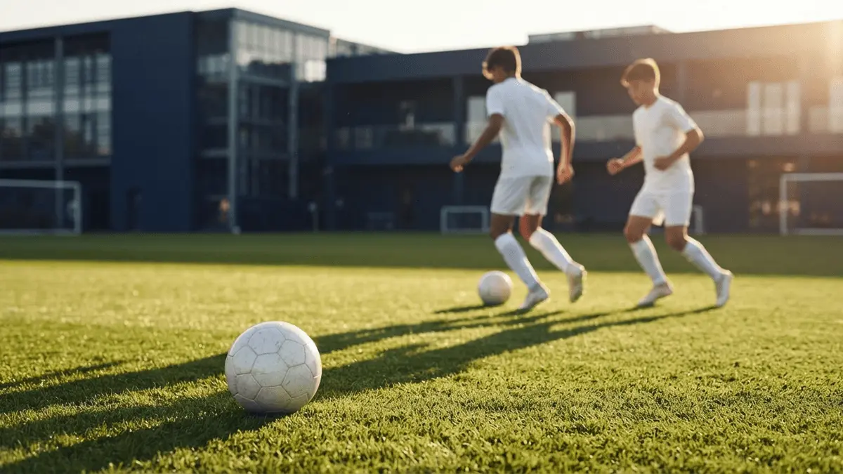 Tottenham Hotspur youth players training at golden hour on pristine pitch with modern facilities