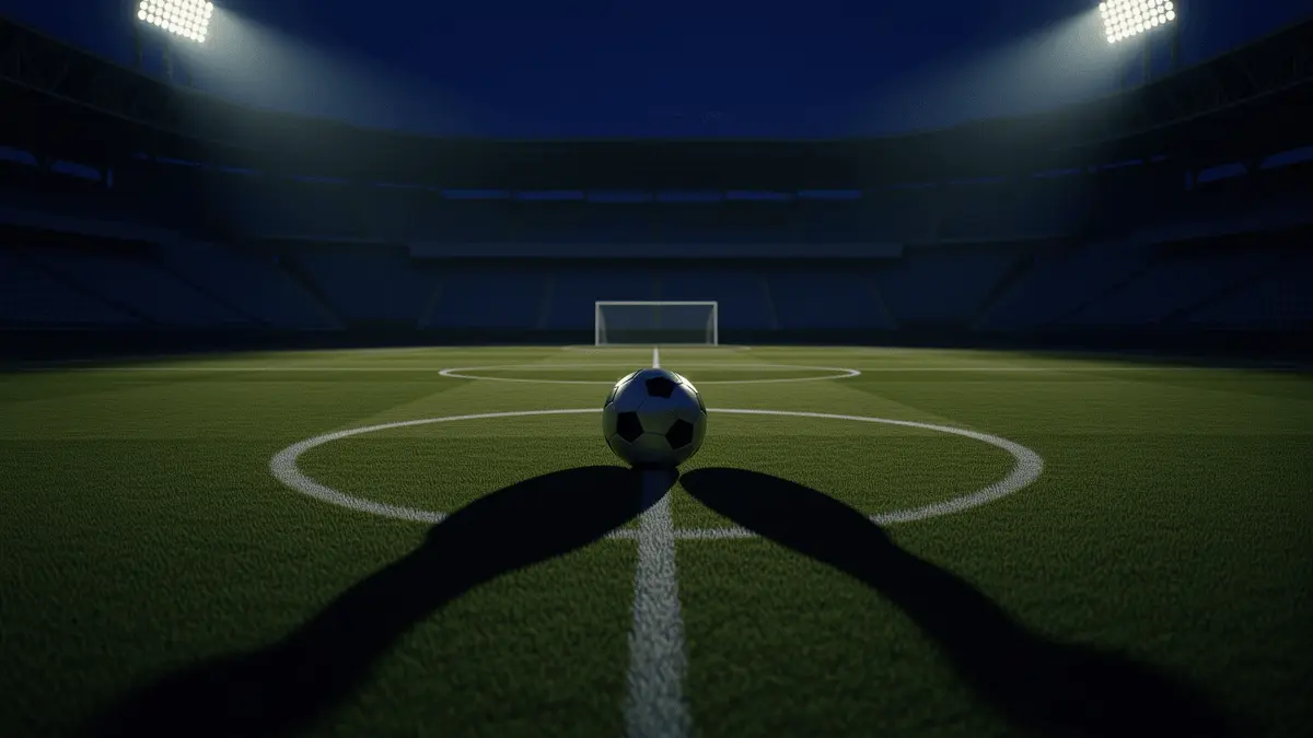 Empty football pitch at dusk with three shadows stretching from center circle representing transfer battle