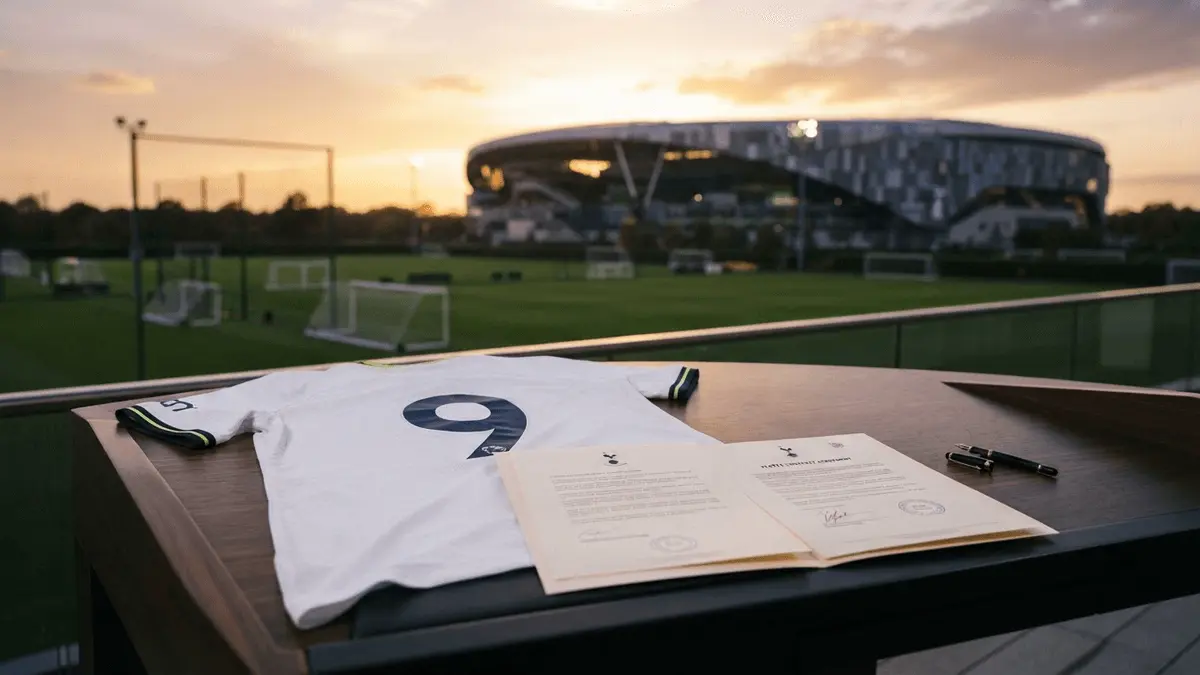 Tottenham Hotspur jersey on contract document at training ground representing Pedro Porro's 2030 extension
