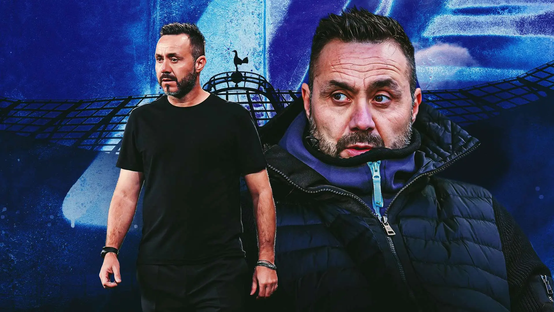 Roberto De Zerbi, Tottenham Hotspur manager, against a blue background with a stadium silhouette.