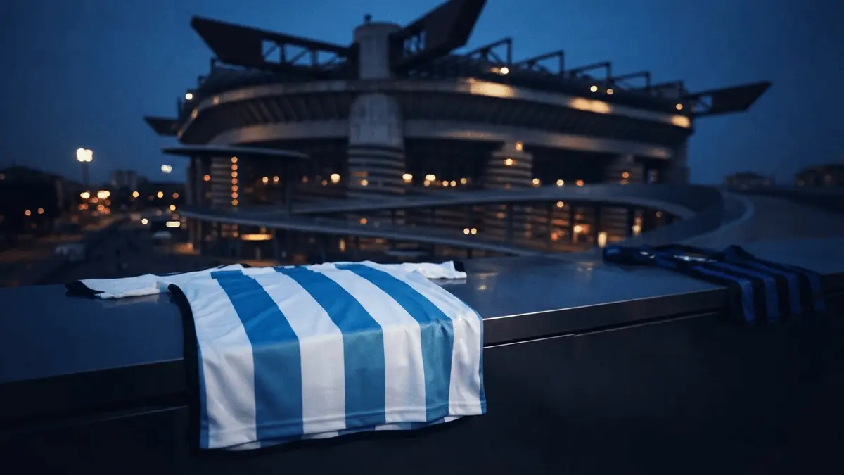 San Siro stadium with Argentina jersey and Inter Milan colors representing Cristian Romero transfer speculation