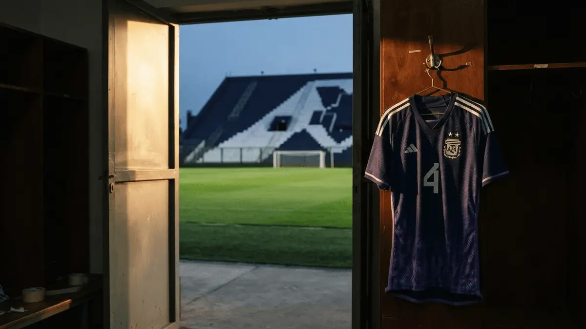 Argentina jersey hanging in stadium locker room at dusk with empty pitch in background