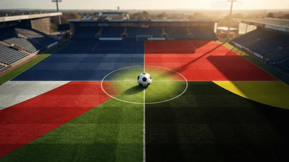 Football pitch divided into four club zones converging on center ball representing transfer race competition