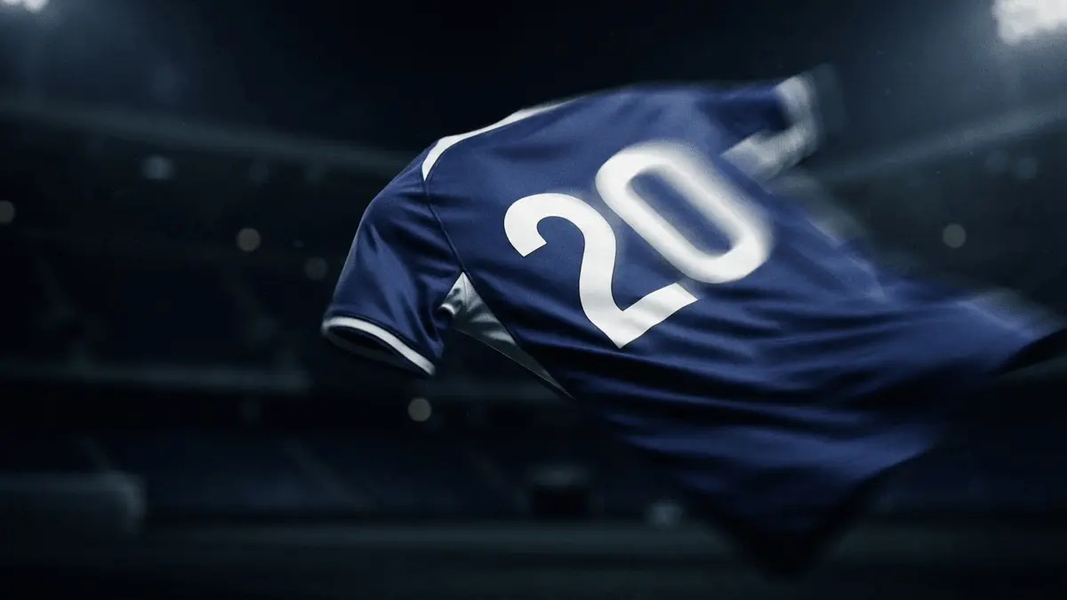 Football jersey number 20 in dynamic motion against navy blue backdrop with dramatic stadium lighting