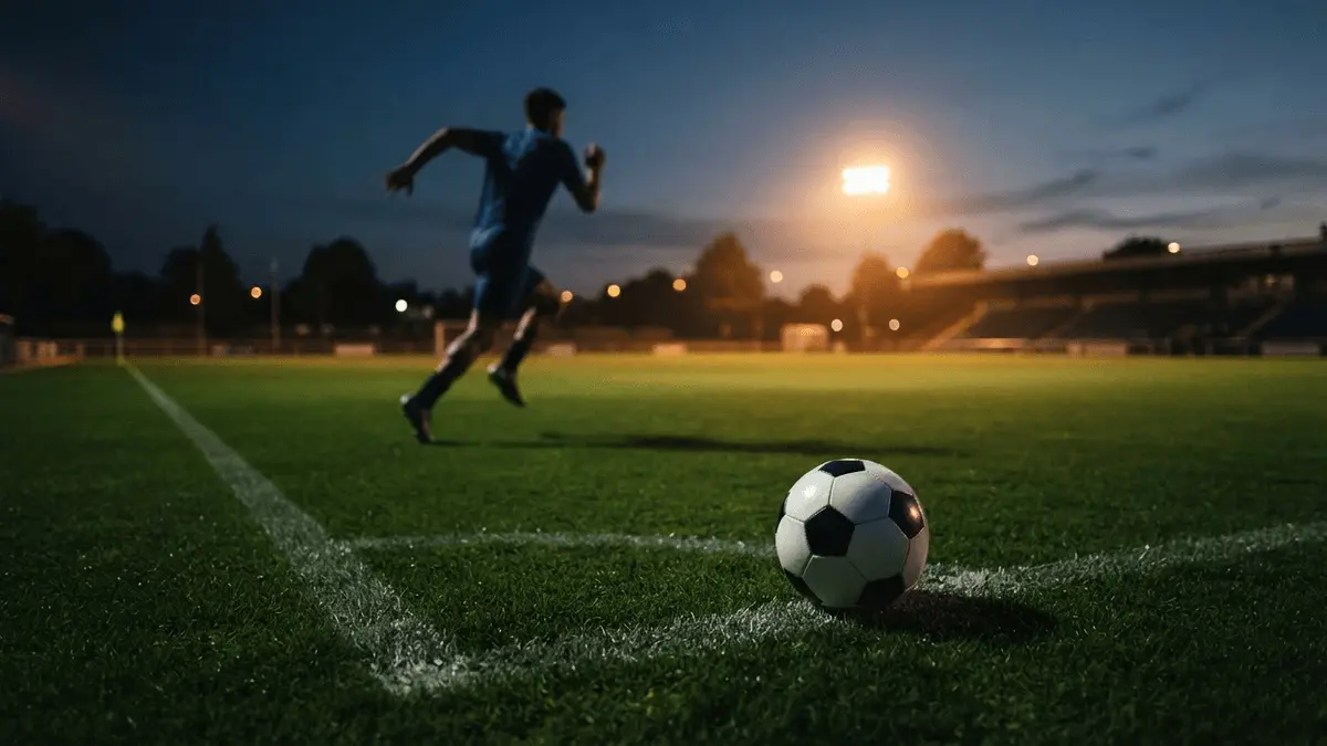 Soccer ball on training pitch with winger silhouette at dusk, representing Tottenham's left-wing transfer chase