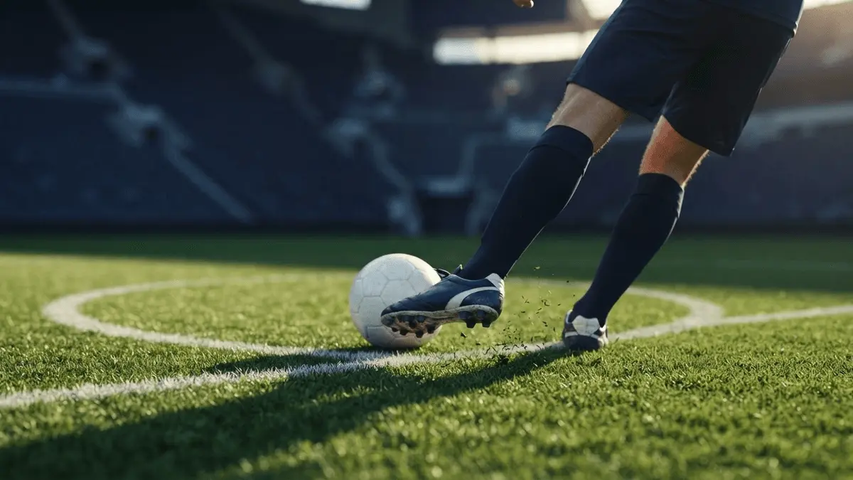 Football boots and ball on Premier League pitch with stadium background in navy tones