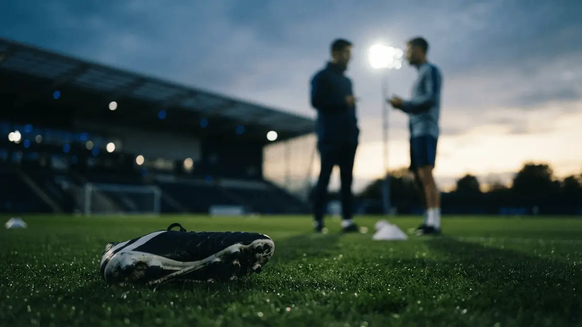 Football transfer negotiation scene with training ground and stadium lights at dusk