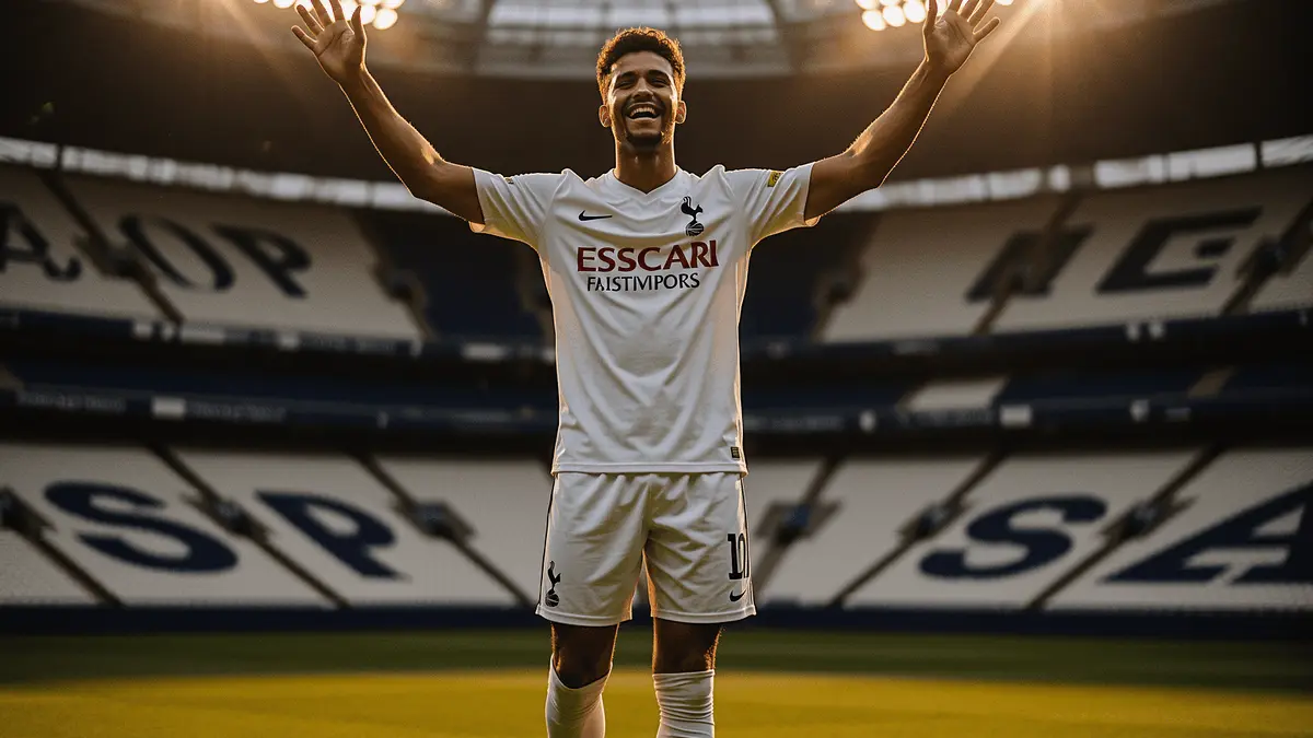 Footballer in white Tottenham kit celebrating on pitch under stadium lights