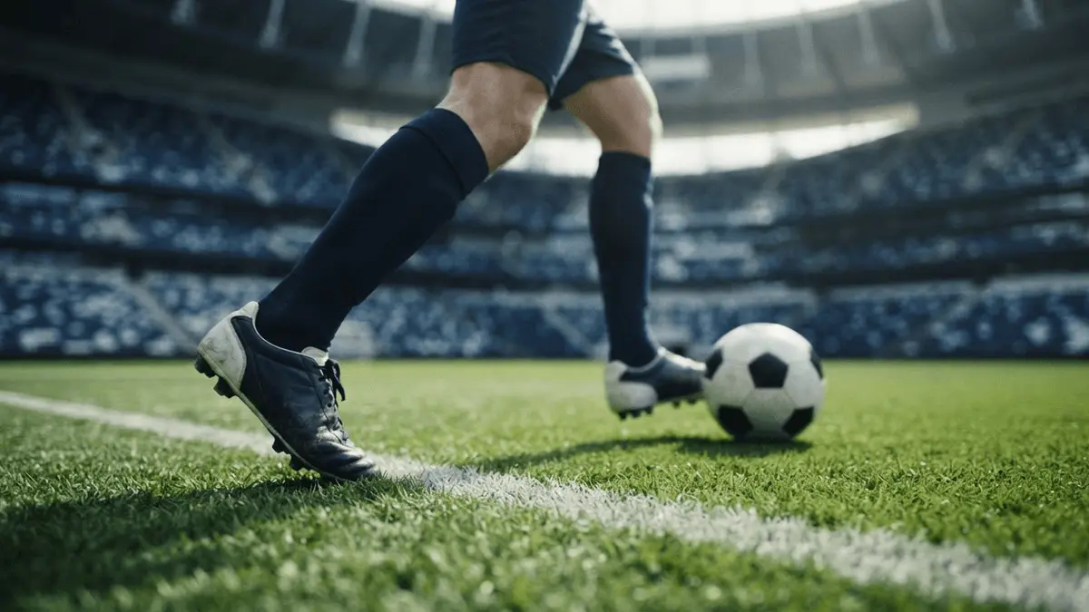 Football midfielder's boot on ball in stadium representing Lucas Bergvall's transfer decision at Tottenham