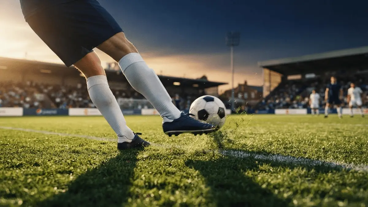 Football winger's strike captured in motion on professional pitch with dramatic navy-blue lighting
