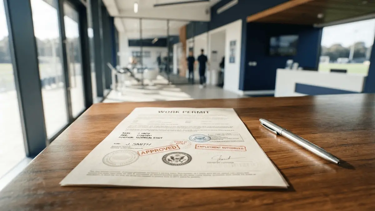 Work permit document on desk with Tottenham training facility in background