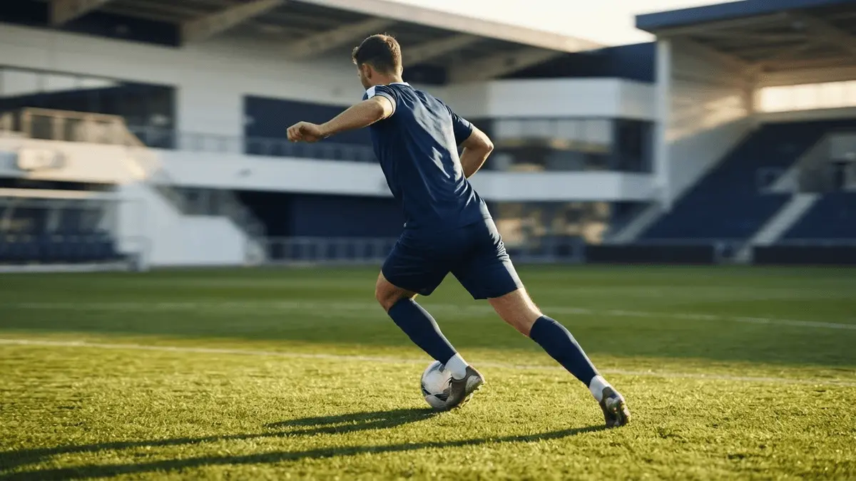 Norwegian winger in navy kit dribbling on football pitch during golden hour lighting