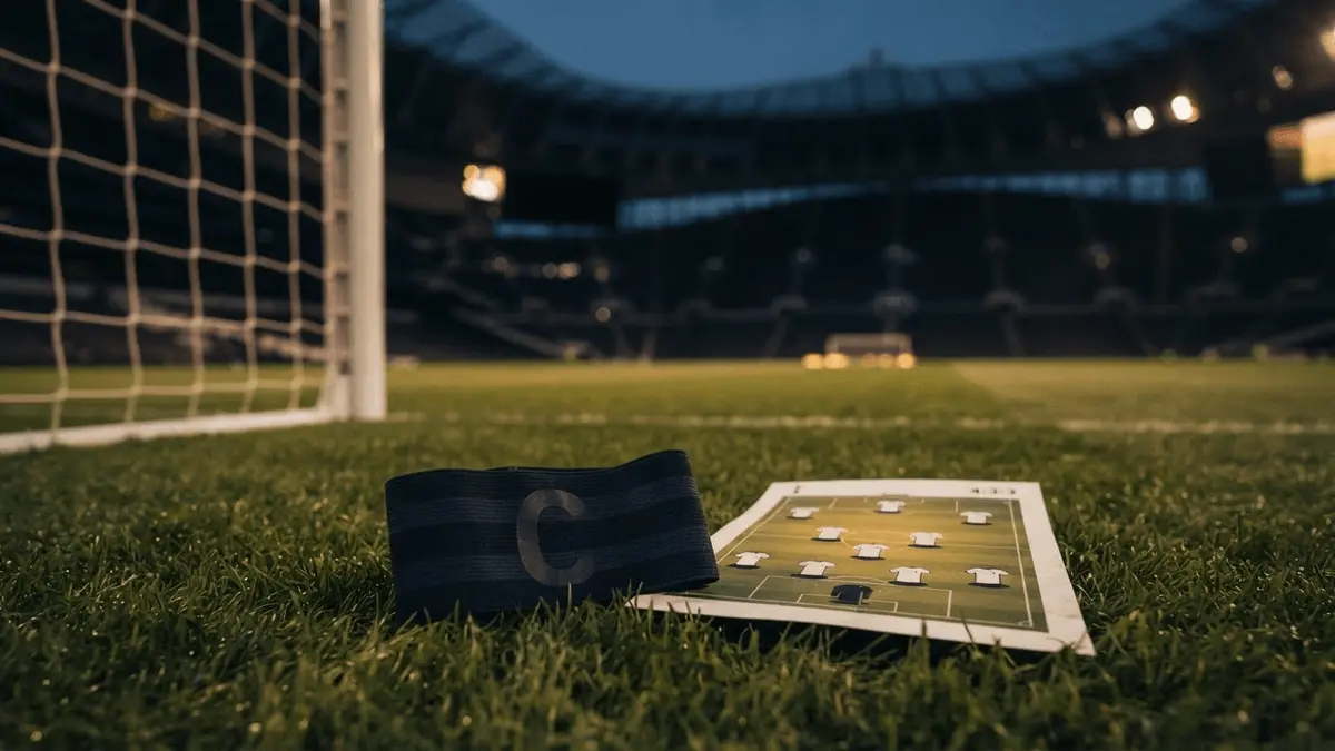 Captain's armband and tactical card on football pitch at dusk with empty stadium in navy twilight
