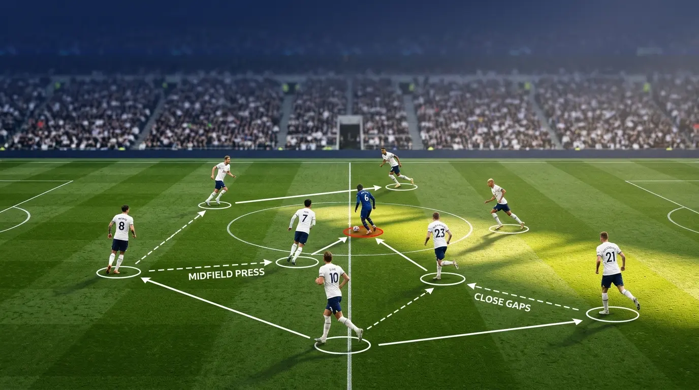 Tactical view of coordinated pressing movement showing Tottenham players in synchronized defensive structure