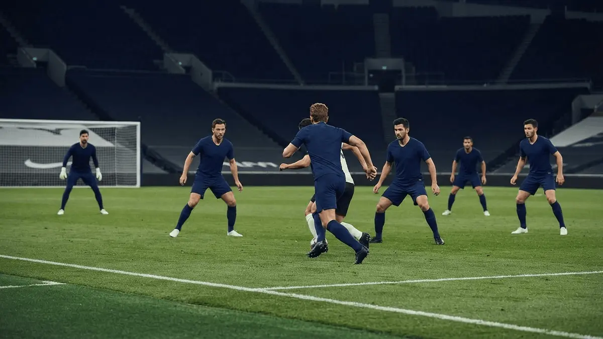 Navy-and-white football team executing a high press in a tactical stadium scene