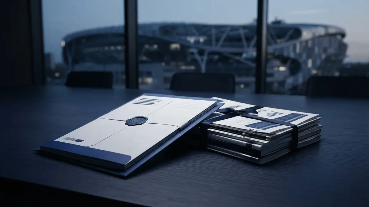 Corporate share issue documents on a navy table with a softly blurred football stadium behind them