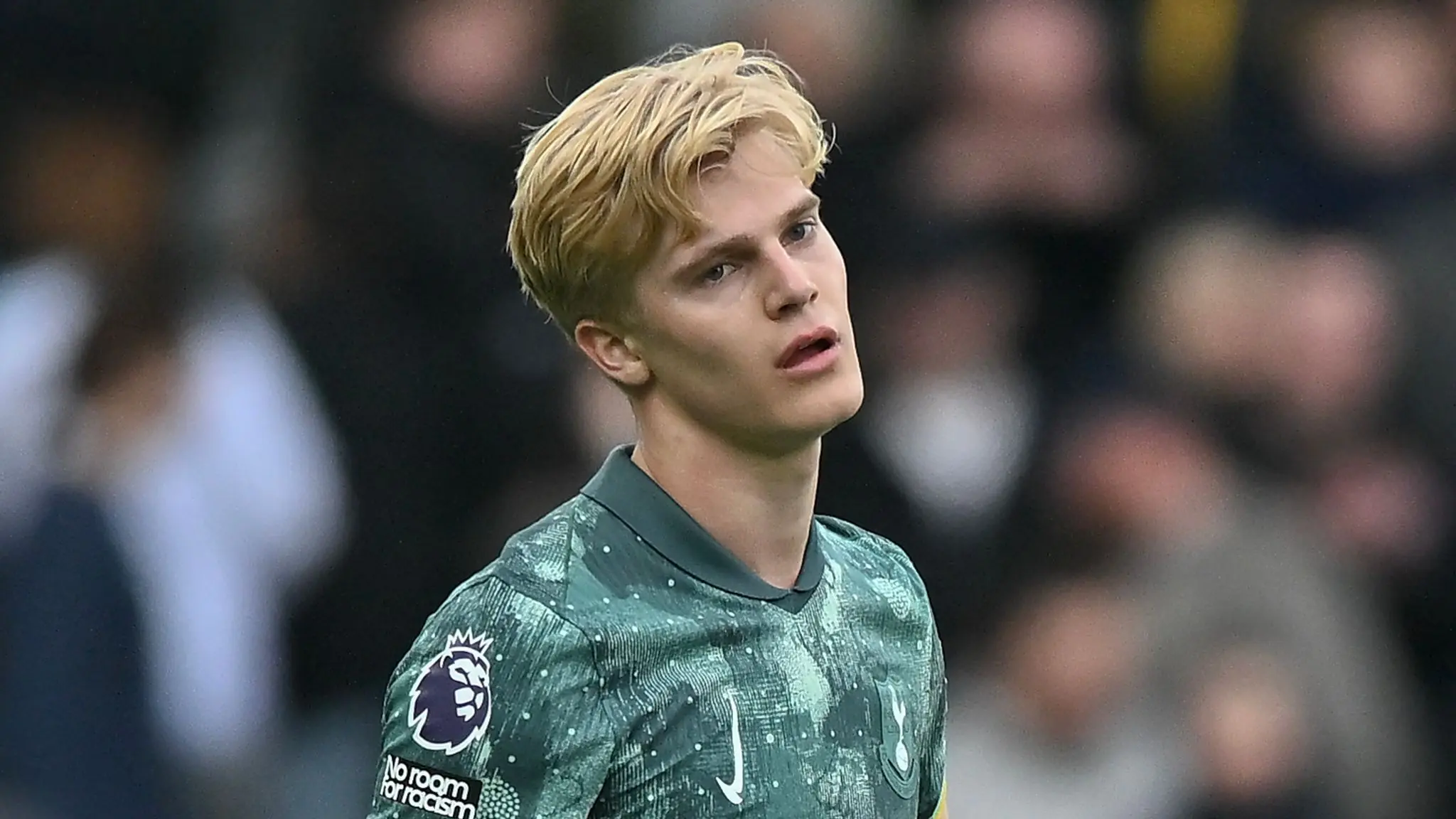Lucas Bergvall wearing a green Tottenham Hotspur goalkeeper jersey during a match
