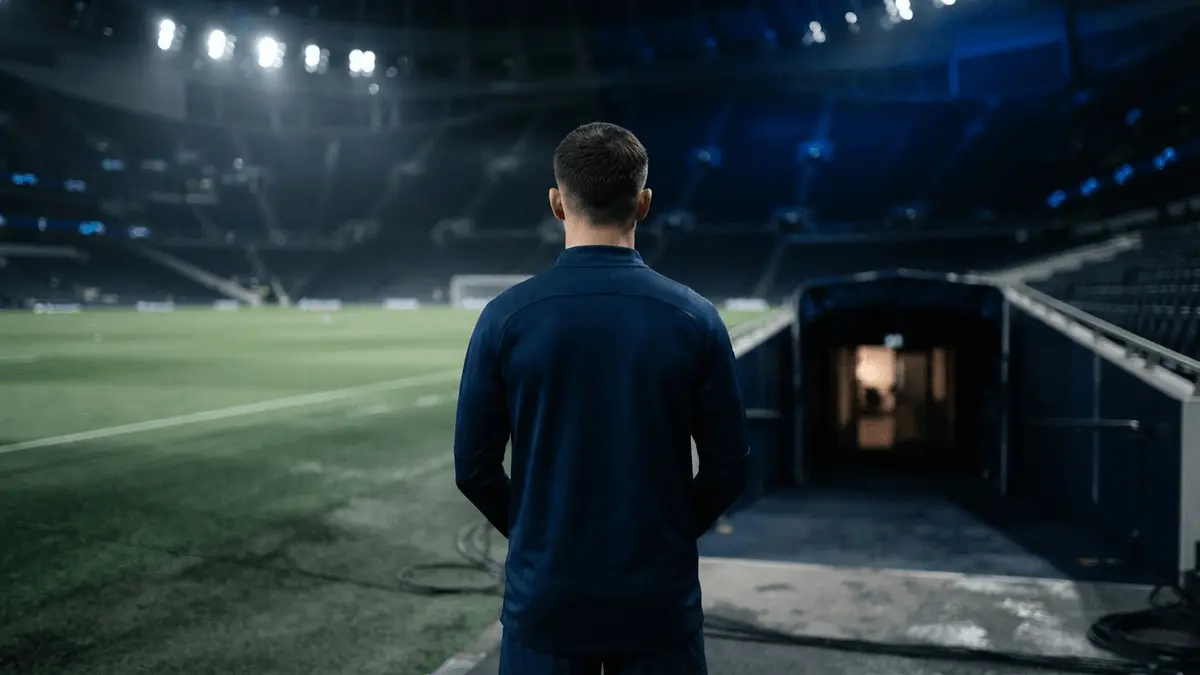 Footballer viewed from behind at a floodlit stadium, evoking Manor Solomon’s proposed move to West Ham.