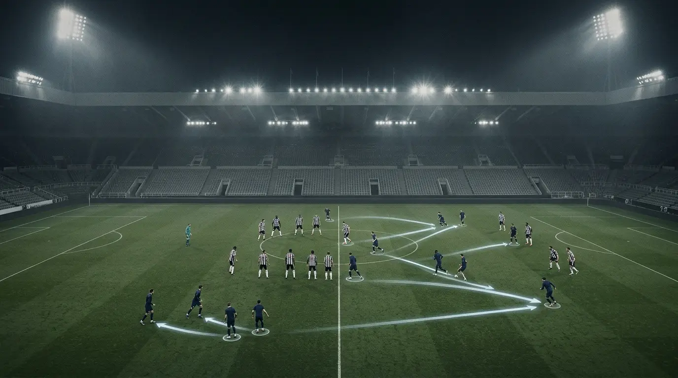 Abstract football tactics showing Newcastle's organised shape exposing Tottenham's attacking problems