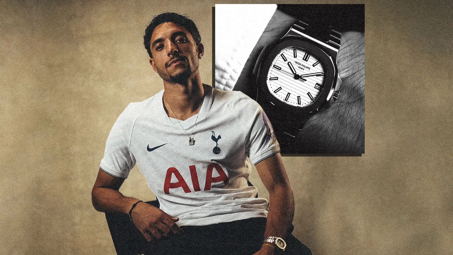 Omar Marmoush wearing a white Tottenham Hotspur jersey with a Patek Philippe watch inset image