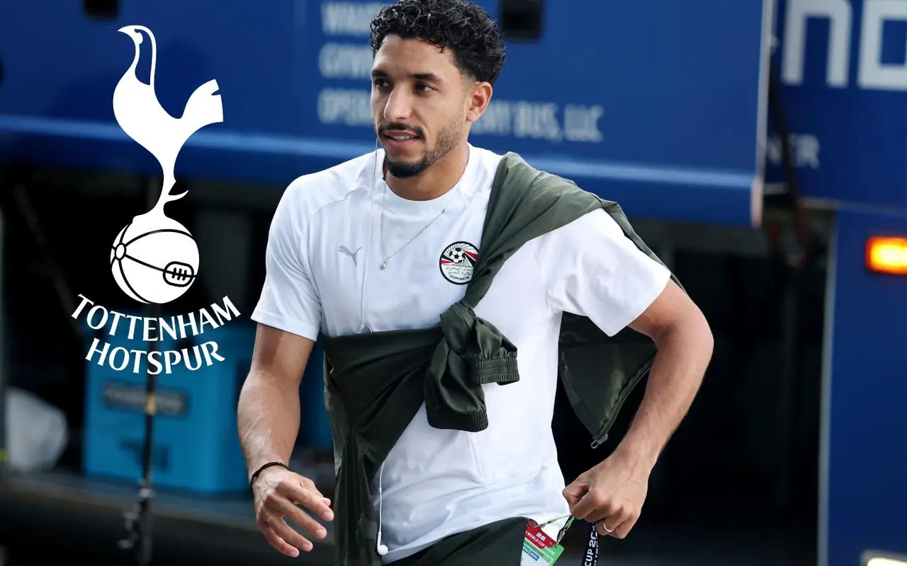Omar Marmoush wearing an Egyptian national team training kit with a Tottenham Hotspur logo overlay