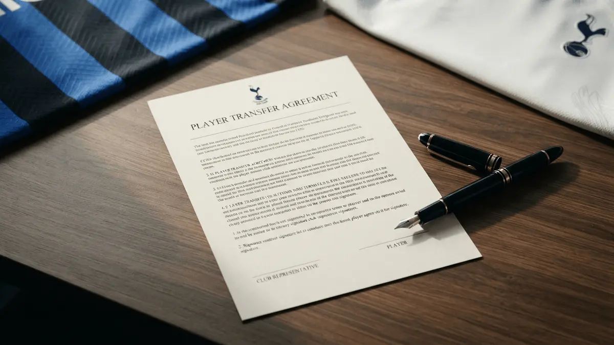 Transfer contract and fountain pen with Inter Milan and Tottenham jersey fabrics representing Romero negotiations