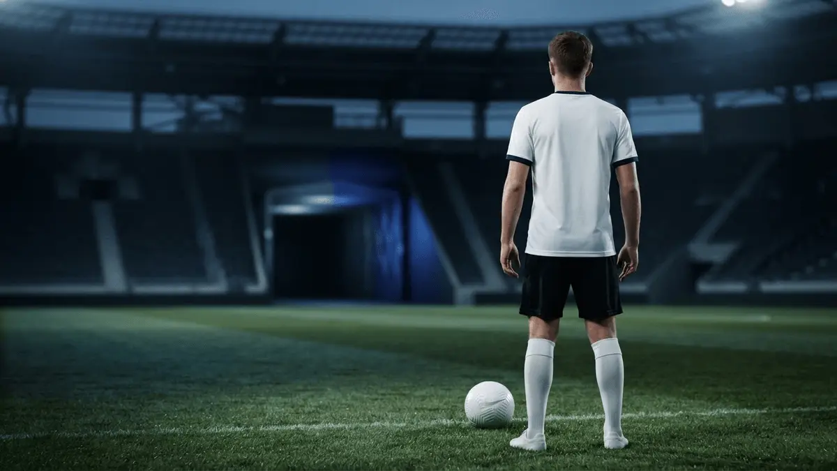 Anonymous football midfielder standing under stadium lights amid transfer uncertainty