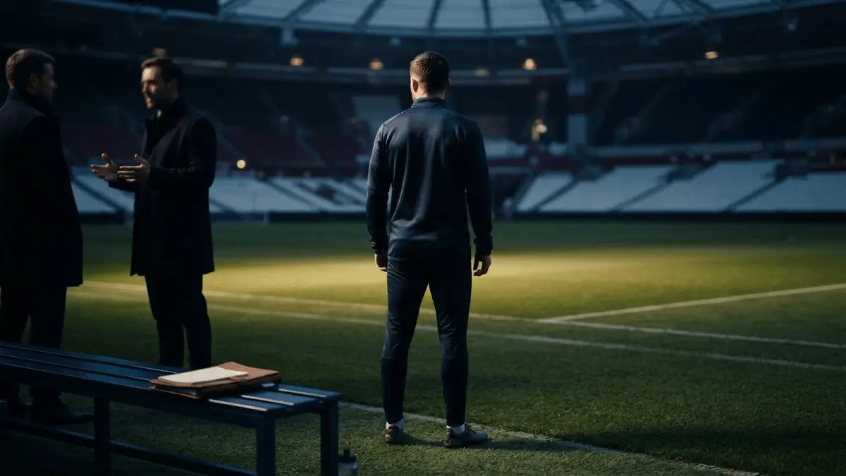 Football winger overlooking an empty floodlit pitch during stalled transfer negotiations