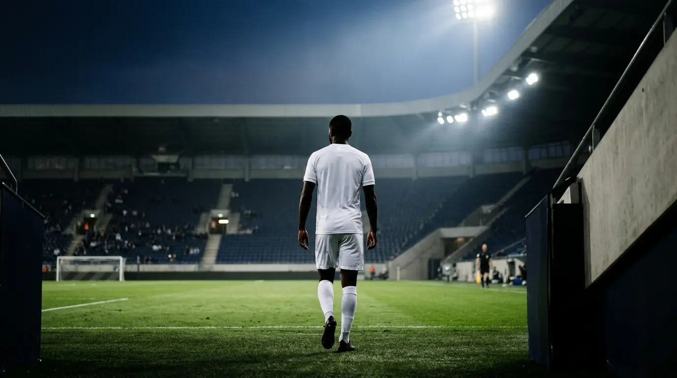 Footballer walking away from a stadium tunnel in a navy and white transfer-themed sports scene