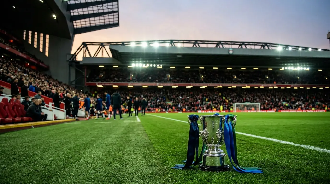 Carabao Cup trophy on the Anfield pitch ahead of Tottenham’s third-round tie against Liverpool