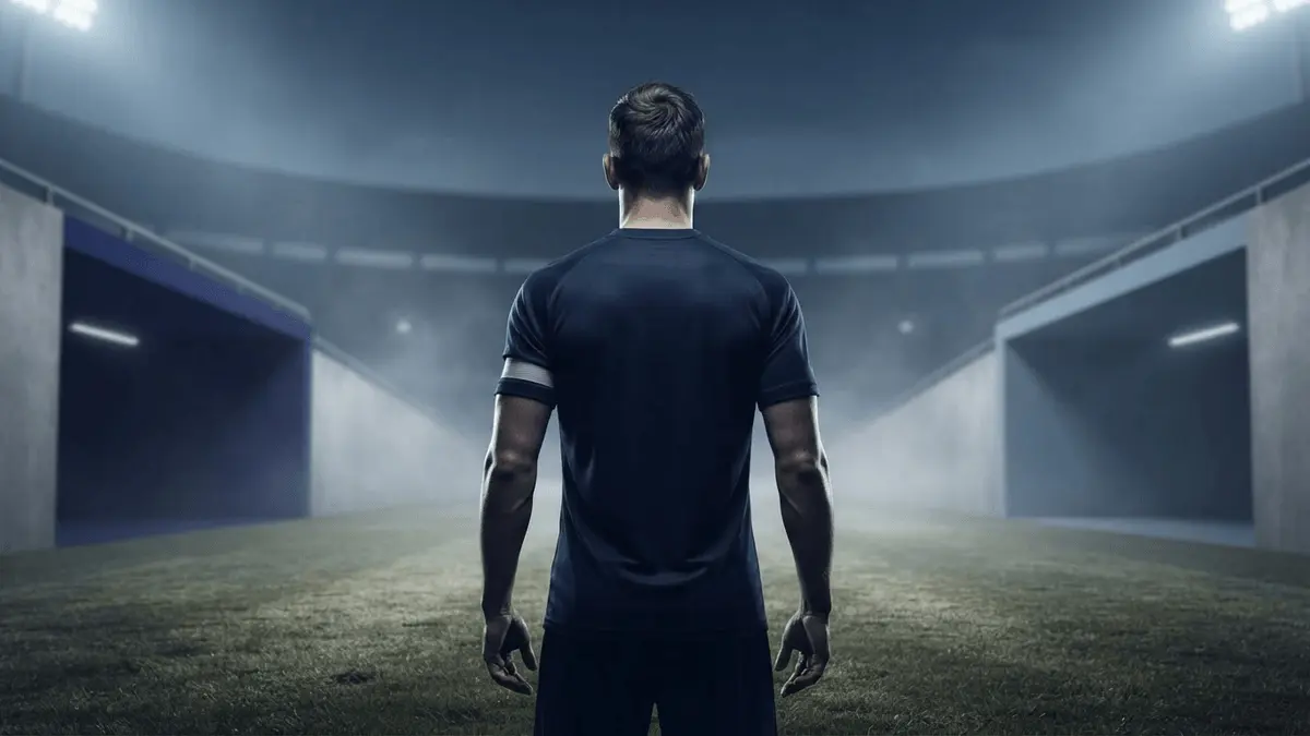 Navy-clad football captain at a crossroads symbolising Cristian Romero’s blocked transfer and competing destinations