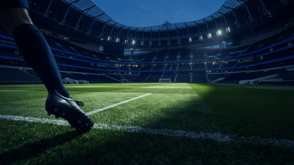 Empty football stadium at dusk with navy blue atmospheric lighting and defender silhouette on pitch