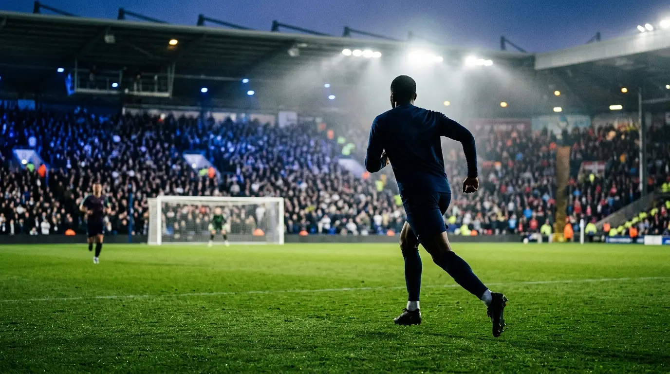 Marmoush-inspired footballer accelerating toward goal in a navy stadium setting