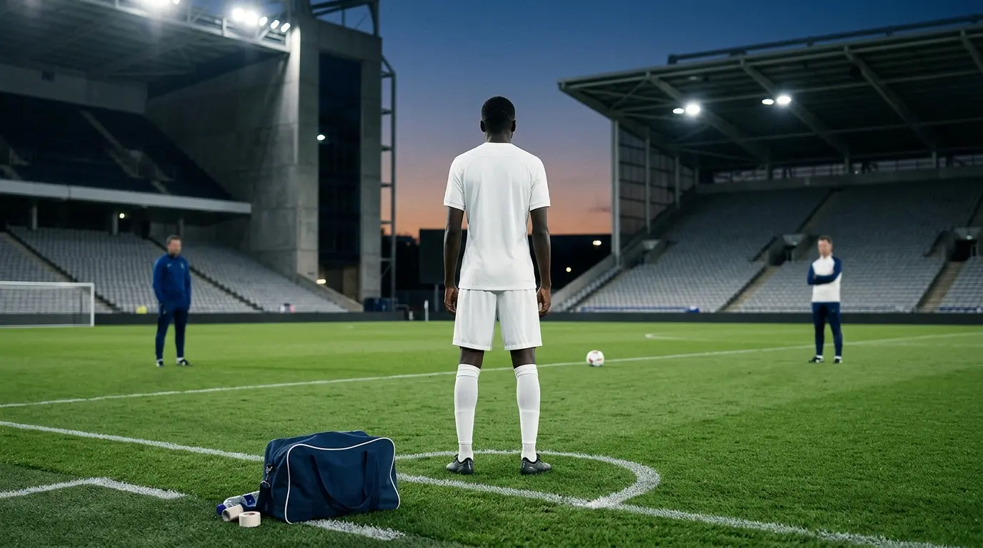 Pape Matar Sarr transfer uncertainty represented on an empty football pitch
