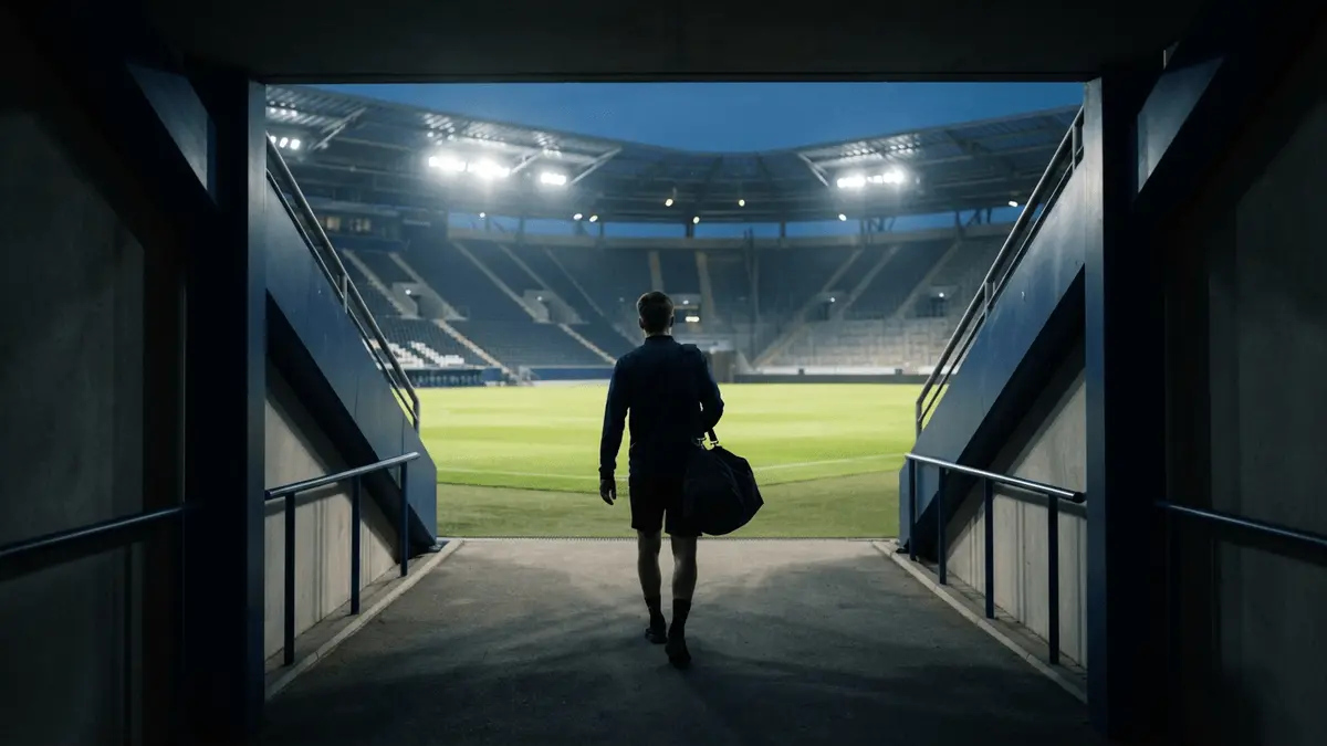 Young footballer silhouette emerging from a stadium tunnel toward a Bundesliga pitch