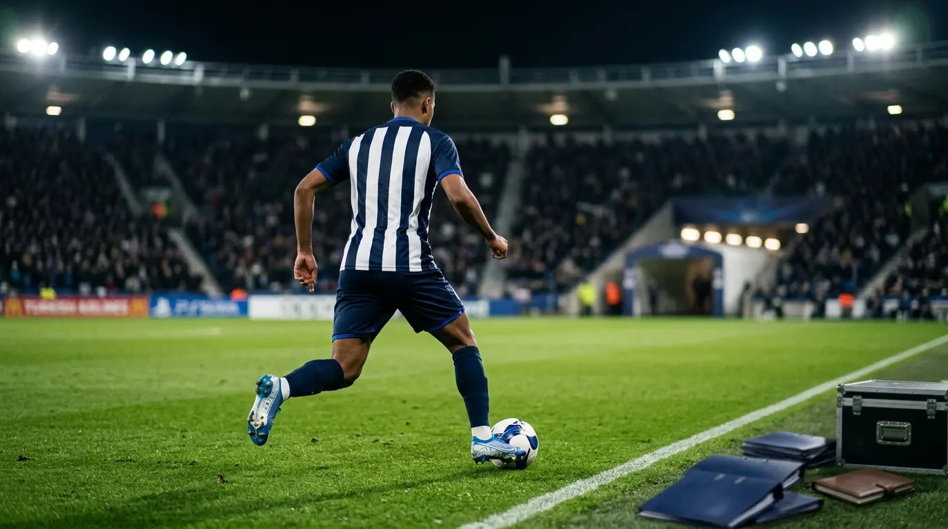Anonymous winger dribbling under stadium lights in a navy and white kit, evoking Tottenham's reported Savinho transfer.
