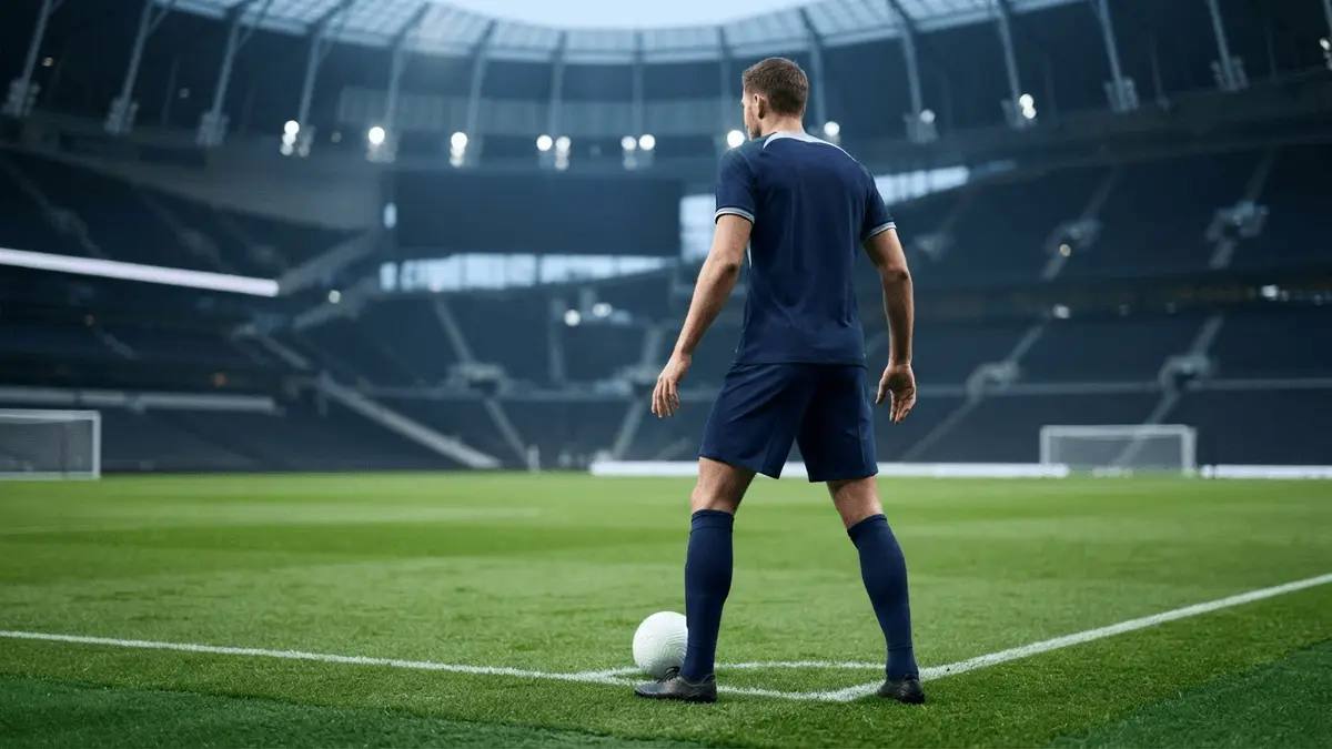 Tottenham-inspired centre-back standing in a stadium after signing a new contract