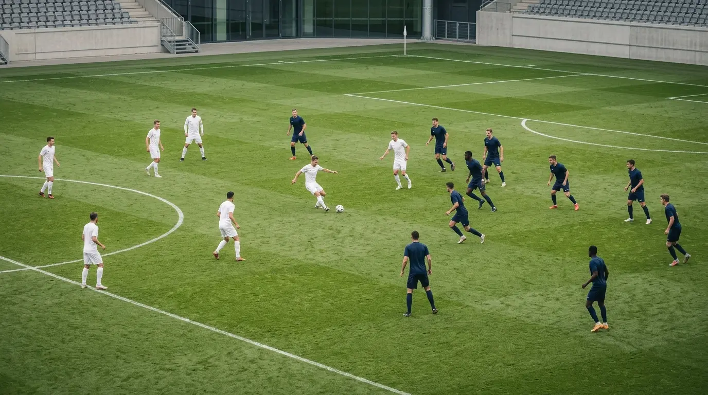Tottenham players patiently circulate the ball through midfield in a controlled possession-based training scene