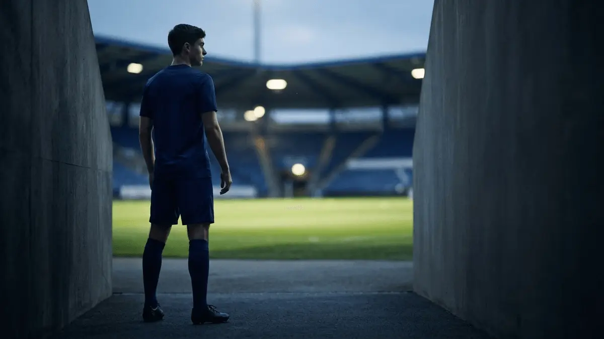 Young striker silhouette in a navy kit emerging from a stadium tunnel during a transfer search