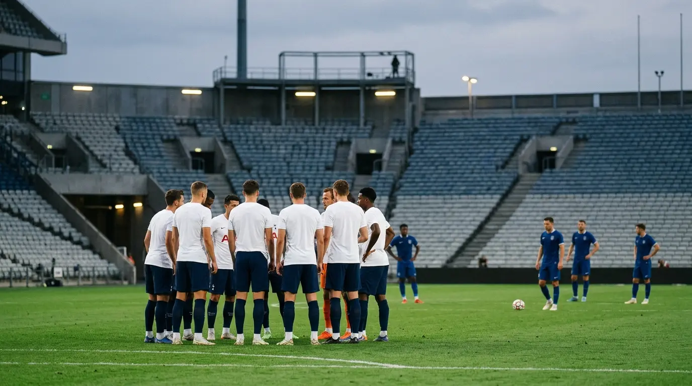 Anonymous football players regroup during a Tottenham-inspired pre-season friendly in navy and white