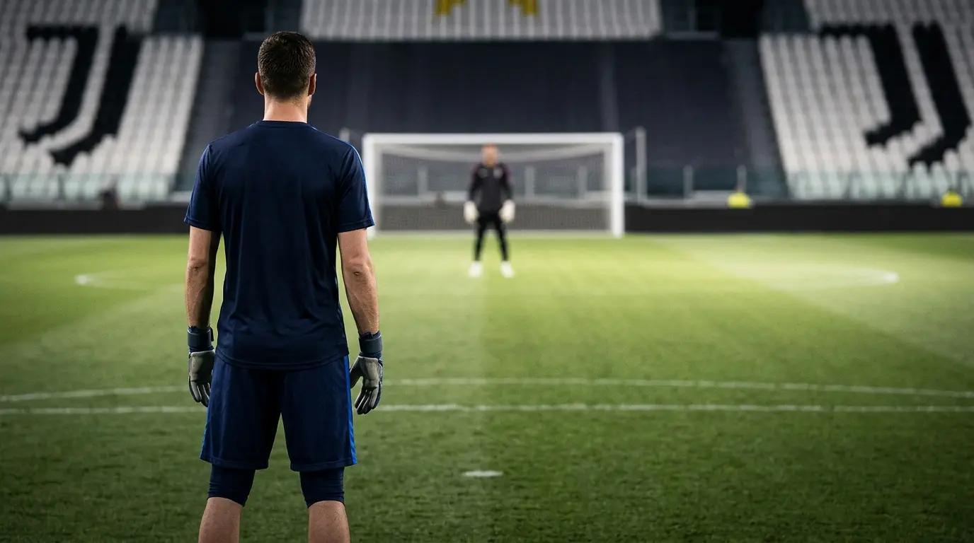 Goalkeeper standing on a floodlit pitch during a Tottenham to Juventus transfer story