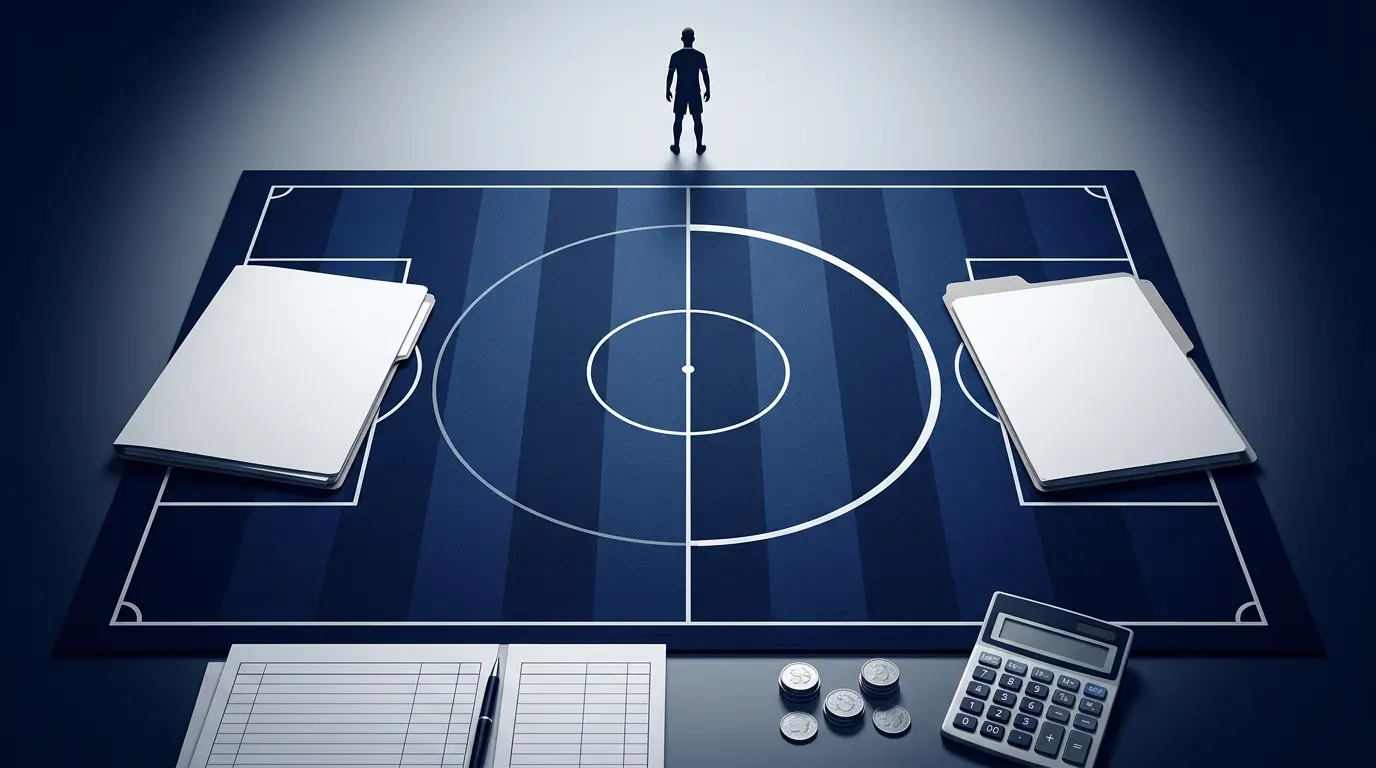 Editorial illustration showing football transfer timing and accounting rules in a navy newsroom style