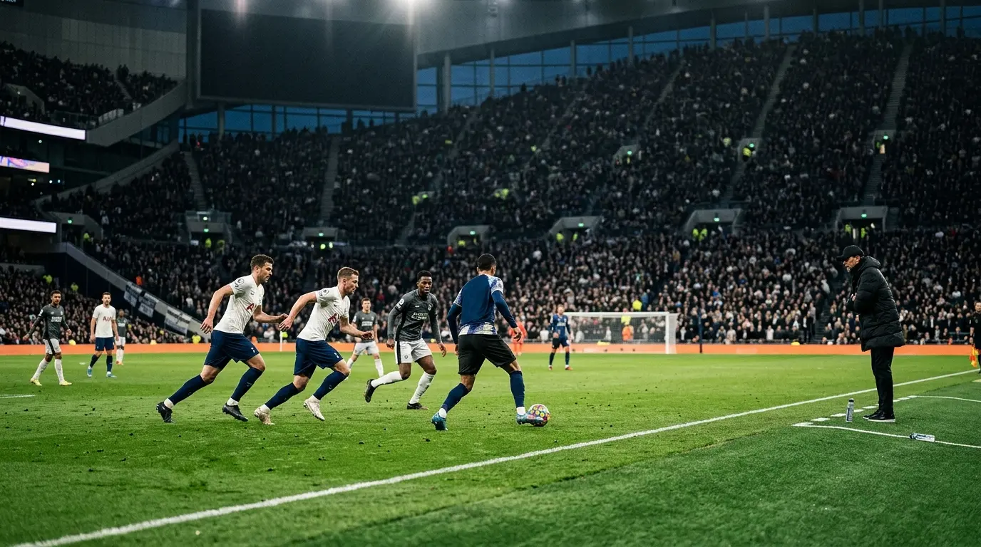 Tottenham-inspired team under pressure in a floodlit stadium as a determined manager watches from the touchline