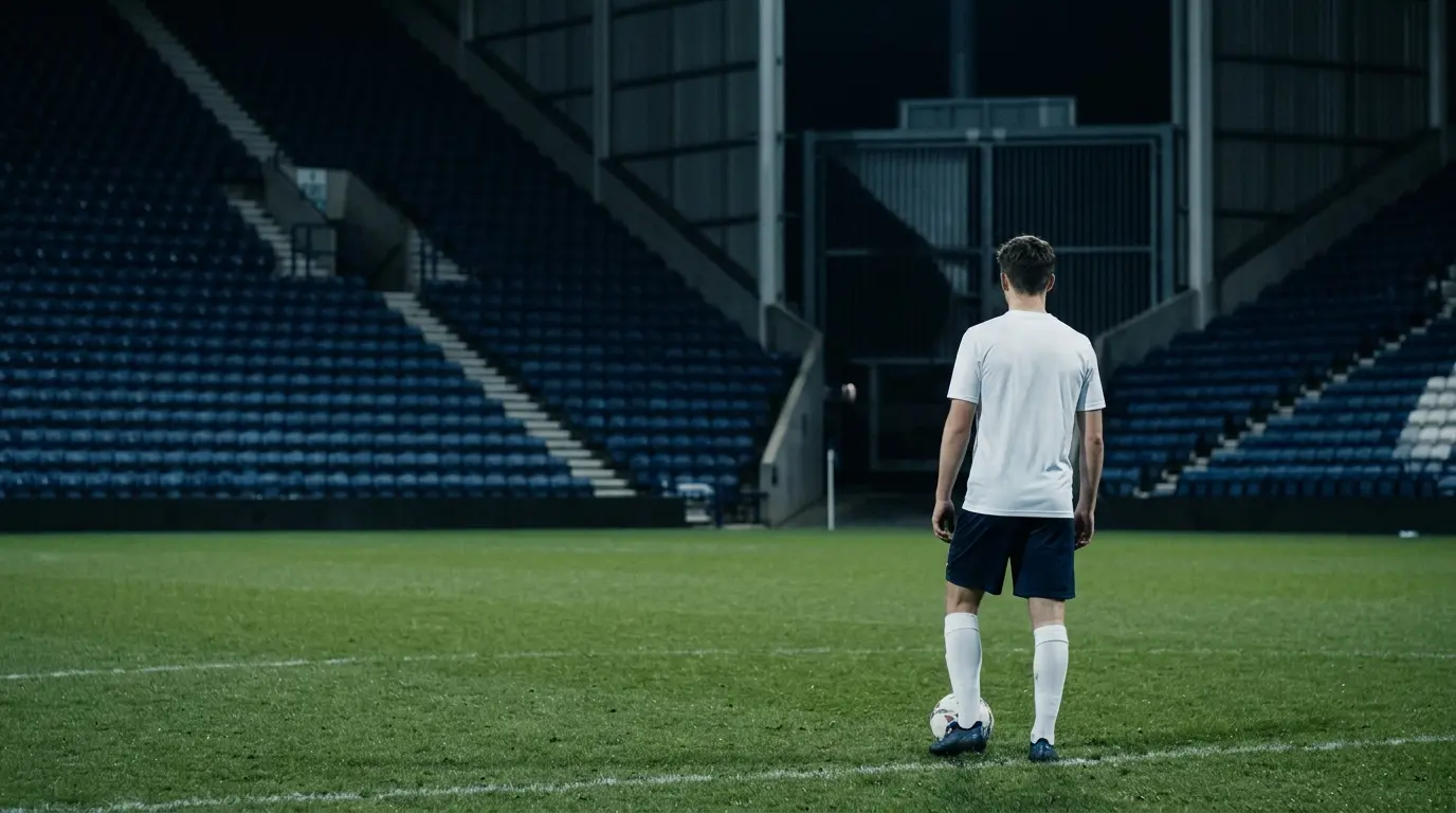 Anonymous young midfielder standing on a football pitch beneath navy stadium lights
