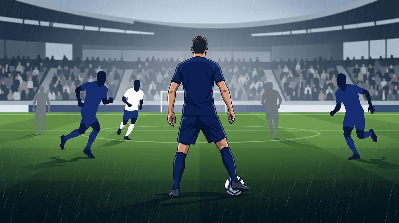 Anonymous central midfielder controlling play in a navy football kit on a rain-darkened pitch