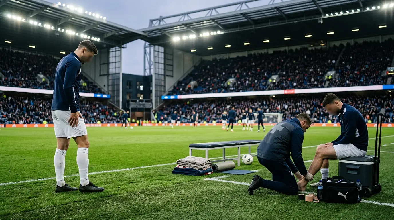 Two footballers undergo late fitness assessments on a floodlit pitch before a match