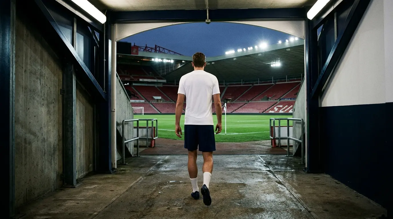 Non-identifiable football defender walking toward Sunderland’s stadium during a transfer move